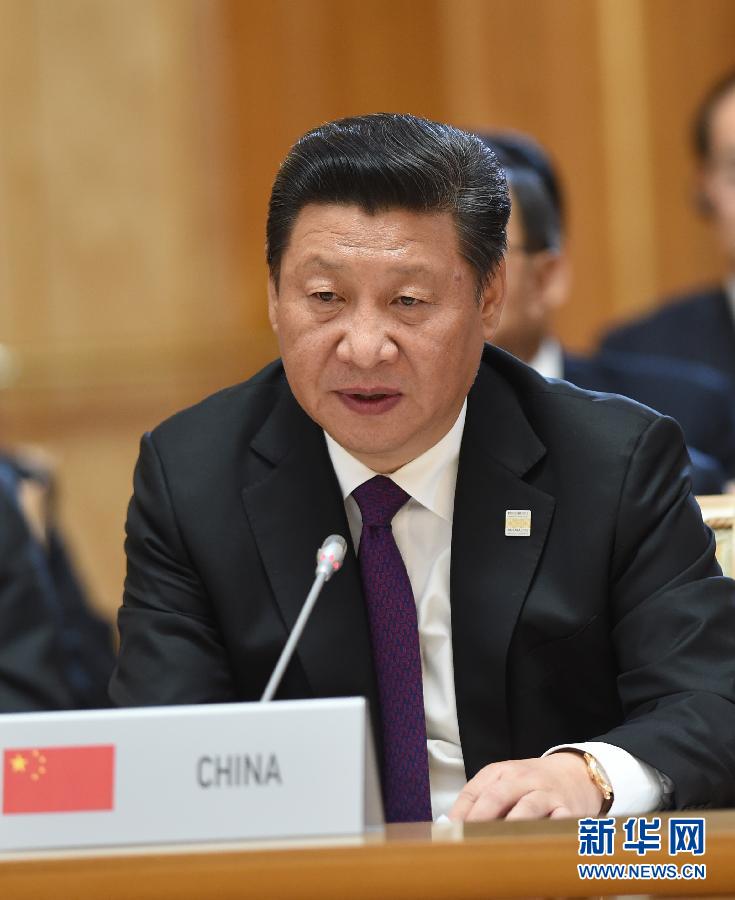 7月9日，金磚國(guó)家領(lǐng)導(dǎo)人第七次會(huì)晤在俄羅斯烏法舉行。中國(guó)國(guó)家主席習(xí)近平、俄羅斯總統(tǒng)普京、巴西總統(tǒng)羅塞夫、印度總理莫迪、南非總統(tǒng)祖馬出席。這是習(xí)近平發(fā)表題為《共建伙伴關(guān)系　共創(chuàng)美好未來(lái)》的主旨講話。新華社記者 饒愛(ài)民 攝 