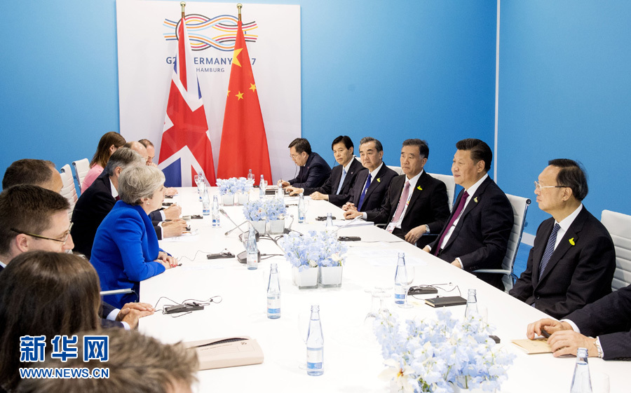 7月7日，國家主席習(xí)近平在漢堡會(huì)見英國首相特雷莎&middot;梅。 新華社記者李學(xué)仁 攝