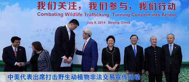 劉延?xùn)|、楊潔篪同美國(guó)國(guó)務(wù)卿克里共同出席中美打擊野生動(dòng)植物非法交易宣傳活動(dòng)（圖）